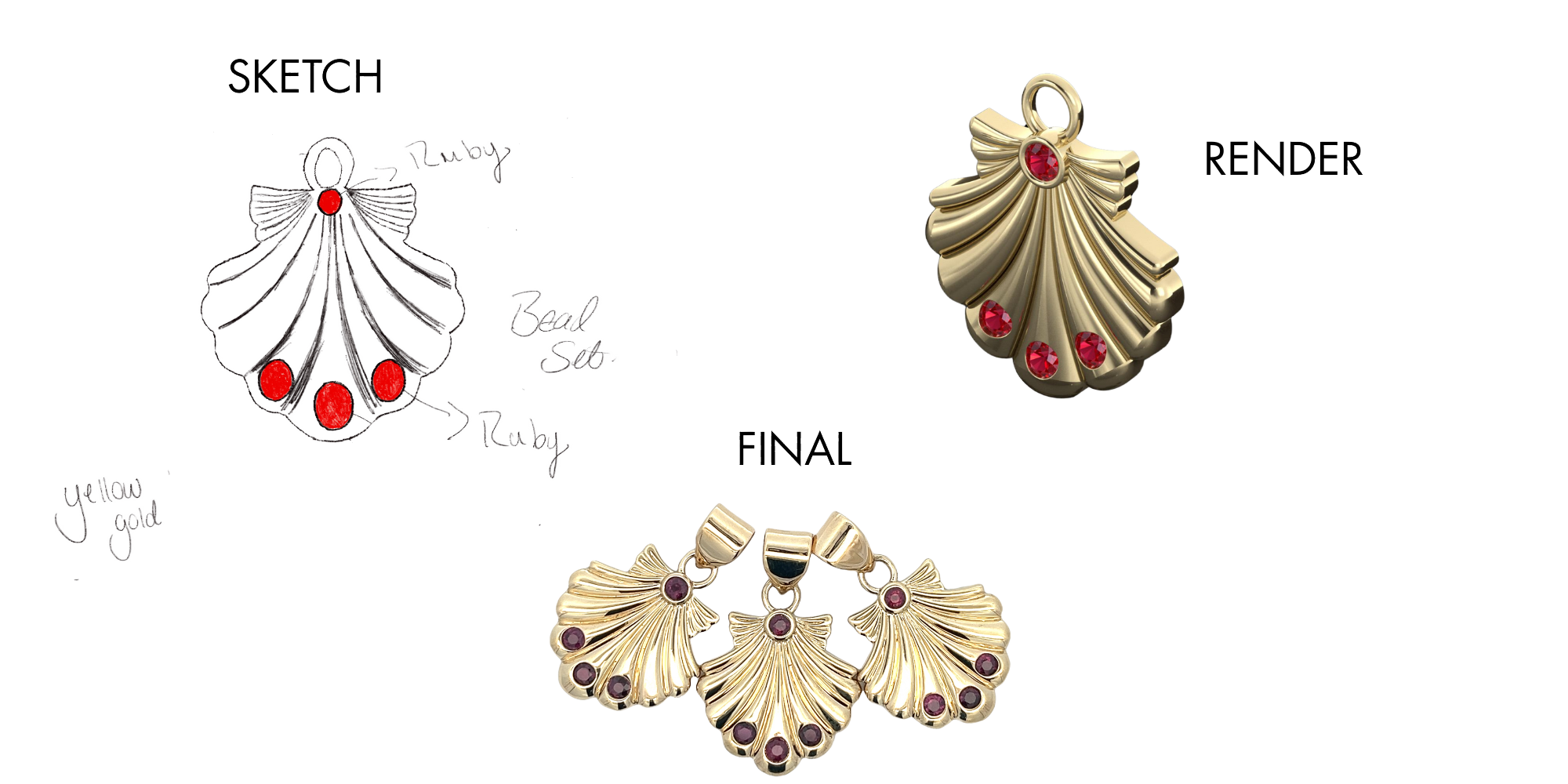 A custom pendant shown as a pencil sketch, a 3D render and the finished gold piece at Ware's Jewelers
