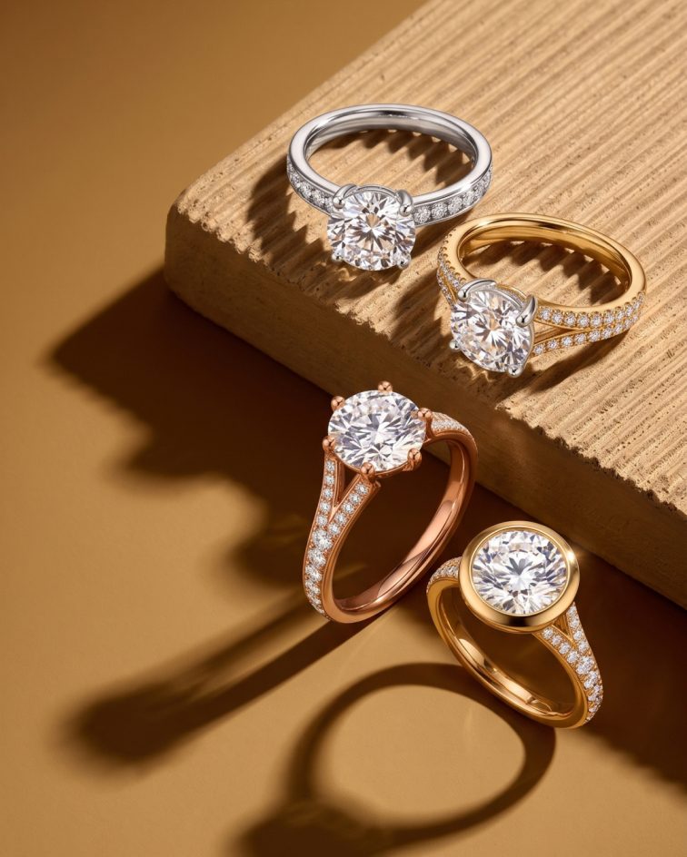 Four diamond engagement rings in white, yellow and rose gold on a sculpted stone block